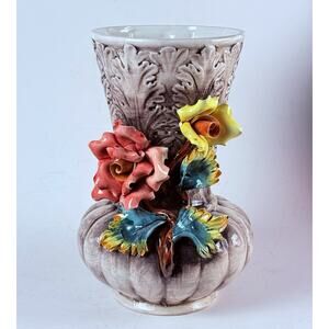 Capodimonte Italy Vase Floral Relief Hand Painted Porcelain Vintage